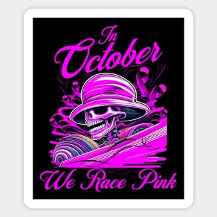 In October We Race Pink Breast Cancer Awareness Ribbon Skull Sticker